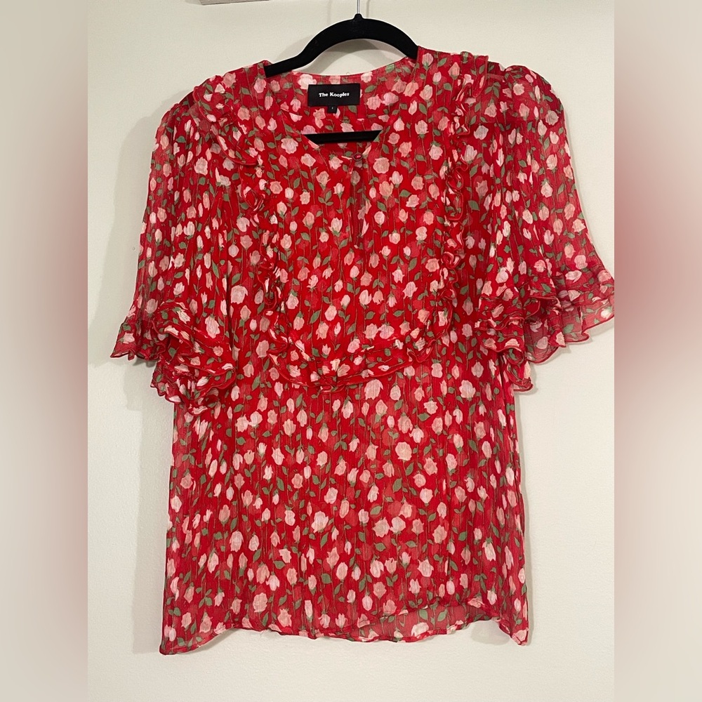 THE KOOPLES Red Flutter Sleeve Ruffled Blouse sz 1 (sm/med)